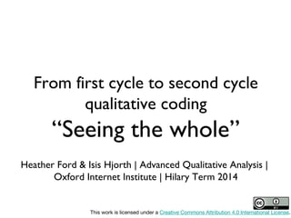 From first cycle to second cycle
qualitative coding

“Seeing the whole”
Heather Ford & Isis Hjorth | Advanced Qualitative Analysis |
Oxford Internet Institute | Hilary Term 2014

This work is licensed under a Creative Commons Attribution 4.0 International License.

 
