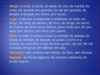 • Tempo: à noite; à tarde; às vezes; de dia; de manhã; de
noite; de quando em quando; de vez em quando; de
tempos a tempos; em breve; por vezes;
• Lugar: à direita; à esquerda; à distância; ao lado; ao
largo; de cima; de dentro; de fora; de longe; de perto;
em baixo; emcima; para dentro; para onde; por ali; por
aqui; por dentro; por fora; por perto;
• Modo: a custo; à pressa; à toa; à vontade; às avessas; às
claras; às direitas; às escuras; ao acaso; a torto e a
direito; ao contrário; a sós; de bom grado; de cor; de má
vontade; emgeral; em silêncio; em vão;
• Afirmação: com certeza; com efeito; de fato; sem dúvida;
• Negação: de forma alguma; de maneira nenhuma; de
modo algum.
 