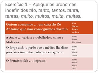 Exercício 1 – Aplique os pronomes
indefinidos tão, tanto, tantos, tanta,
tantas, muito, muitos, muita, muitas.
                                             Tão
Ontem comemos … em casa do Zé                Muito
António que não conseguimos dormir.          Tanto
                                             muitos
                                             Tanto
A Ana é … curiosa e trabalhadora como a      Tanta
Madalena.                                    Tão muita
                                             Tanto
O Jorge está… gordo que o médico lhe disse   Tão
para fazer um tratamento para emagrecer.     Muito
                                             muita
                                             Tanto
O Francisco fala … depressa.                 Muito
                                             Muita
                                             tanta
 