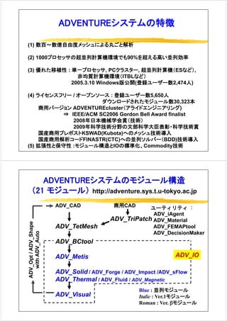 ADVENTUREシステムの特徴
(1) 数百～数億自由度メッシュによる丸ごと解析(1) 数百～数億自由度メッシュによる丸ごと解析
(2) 1000プロセッサの超並列計算機環境でも90%を超える高い並列効率
(3) 優れた移植性 : 単一プロセッサ, PCクラスター, 超並列計算機（ESなど）,
非均質計算機環境（ITBLなど）
版 開 登録 ザ 数2005.3.10 Windows版公開(登録ユーザー数2,474人)
(4) ライセンスフリー / オープンソース : 登録ユーザー数5,650人( )
ダウンロードされたモジュール数30,323本
商用バージョン ADVENTUREcluster（アライドエンジニアリング)
⇒ IEEE/ACM SC2006 Gordon Bell Award finalistIEEE/ACM SC2006 Gordon Bell Award finalist
2008年日本機械学会賞（技術）
2009年科学技術分野の文部科学大臣表彰・科学技術賞
国産商用プレポストKSWAD(Kubota)へのメッシュ技術導入国産商用プレポストKSWAD(Kubota)へのメッシュ技術導入
国産商用解析コードFINASTR(CTC)への並列ソルバー（BDD)技術導入
(5) 拡張性と保守性 :モジュール構造とIOの標準化、Commodity技術
ADVENTUREシステムのモジュール構造
（ ジ ）（21 モジュール） http://adventure.sys.t.u-tokyo.ac.jp
ADV CAD 商用CAD ユーティリティ :
ADV_iAgent
ADV_Material
ADV_CAD 商用CAD
ADV_TriPatch
e
_
ADV_FEMAPtool
ADV_DecisionMaker
ADV_TetMesh
ADV BCtool
V_Shape
Auto
ADV_BCtool
ADV Metis ADV_IO
pt/ADV
ADV_A
ADV_Metis
ADV_Solid / ADV_Forge / ADV_Impact /ADV_sFlow
_
ADV_Op
with
ADV_Thermal / ADV_Fluid / ADV_Magnetic
ADV Visual
Blue : 並列モジュール
A
ADV_Visual Italic : Ver.1モジュール
Roman : Ver. βモジュール
 