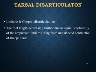 TARSAL DISARTICULATON
• Lisfranc & Choprat disarticulations
• The foot length decreasing further due to equinus deformity
of the amputated limb resulting from unbalanced contraction
of triceps surae.
17
 