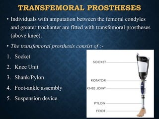 TRANSFEMORAL PROSTHESES
• Individuals with amputation between the femoral condyles
and greater trochanter are fitted with transfemoral prostheses
(above knee).
• The transfemoral prosthesis consist of :-
1. Socket
2. Knee Unit
3. Shank/Pylon
4. Foot-ankle assembly
5. Suspension device
48
 