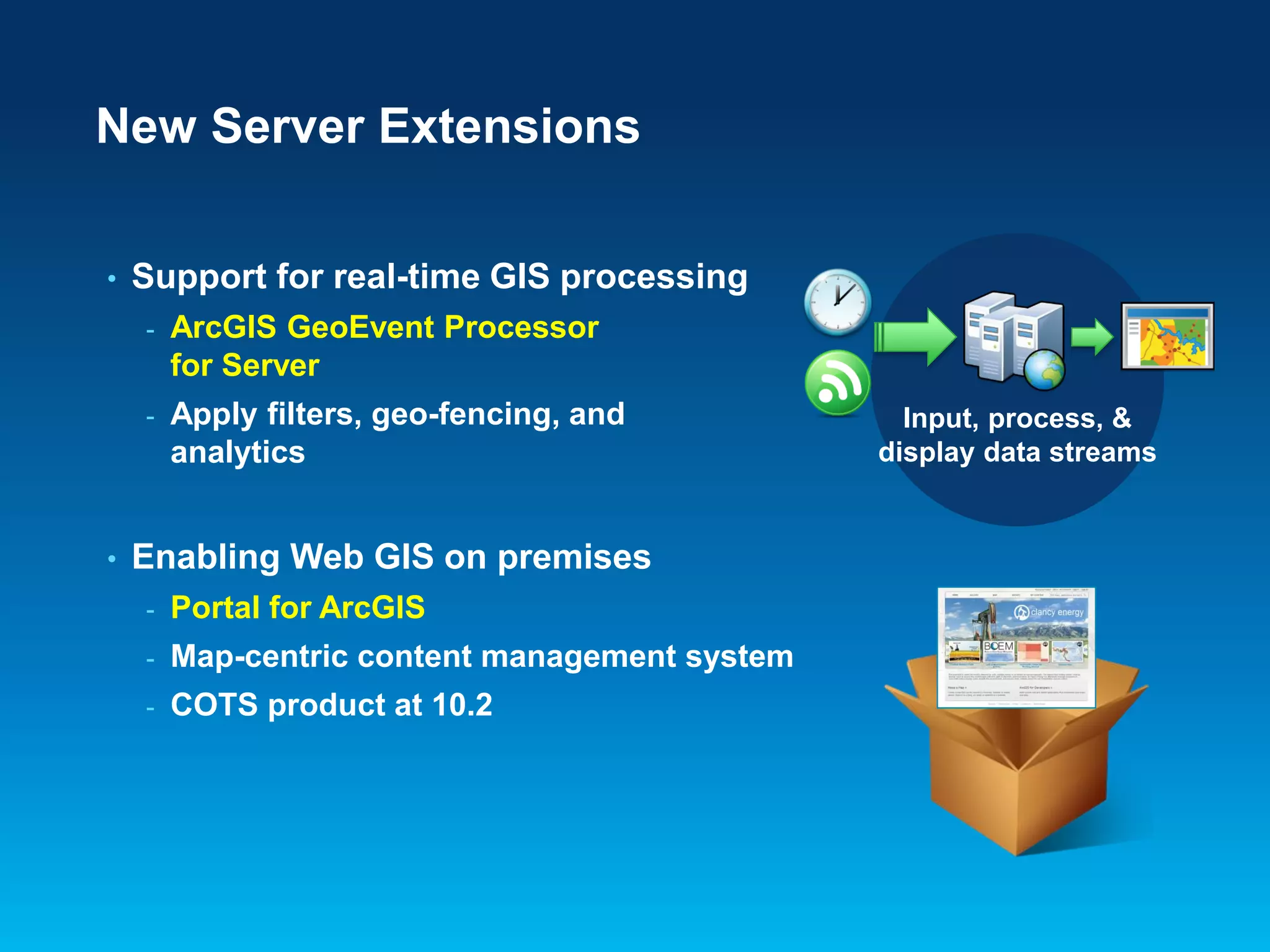 New Server Extensions
•

Support for real-time GIS processing
-

•

ArcGIS GeoEvent Processor
for Server
Apply filters, geo-fencing, and
analytics

Enabling Web GIS on premises
-

Portal for ArcGIS

-

Map-centric content management system

-

COTS product at 10.2

Input, process, &
display data streams

 