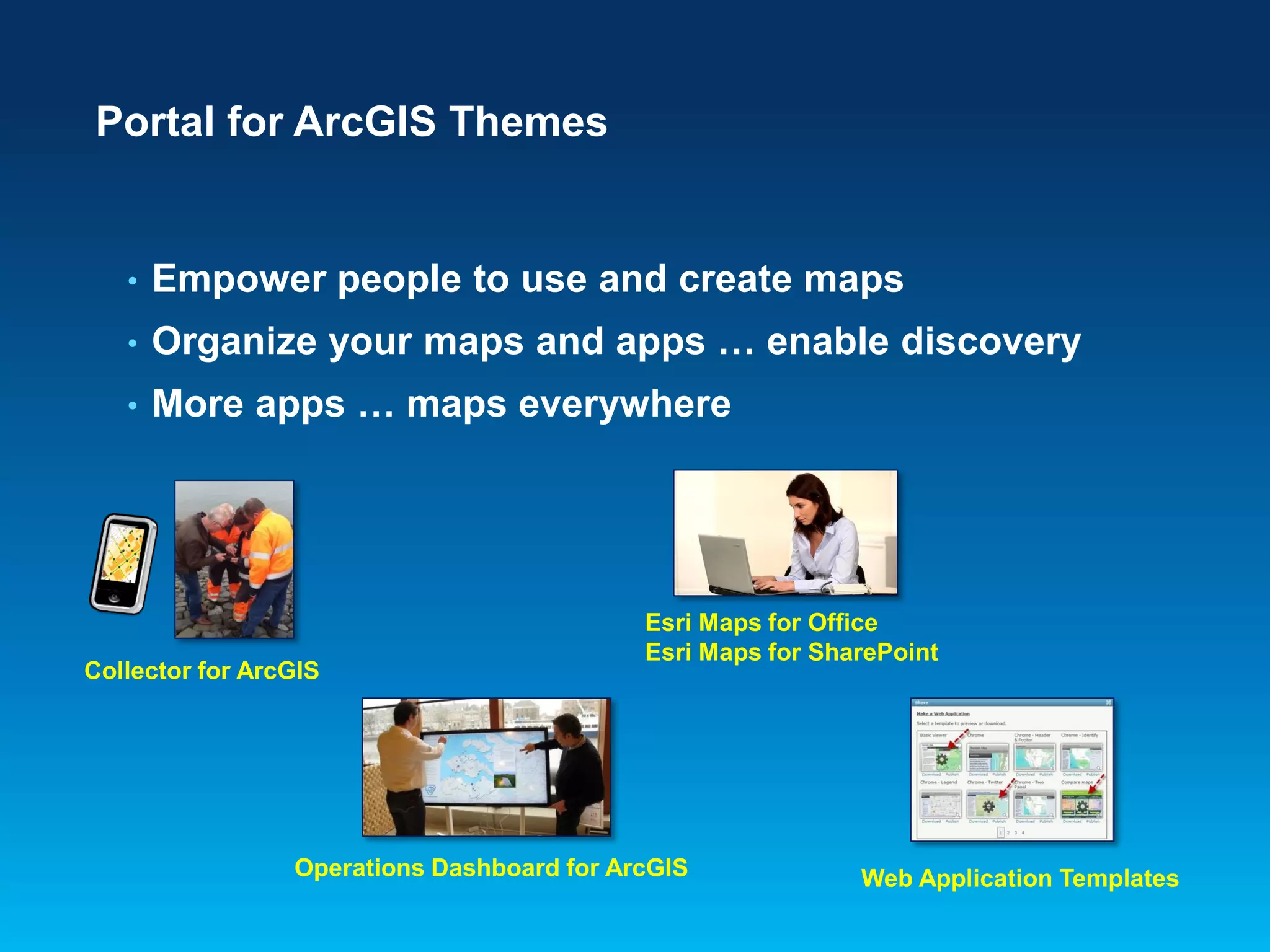 Portal for ArcGIS Themes

•

Empower people to use and create maps

•

Organize your maps and apps … enable discovery

•

More apps … maps everywhere

Collector for ArcGIS

Esri Maps for Office
Esri Maps for SharePoint

Operations Dashboard for ArcGIS

Web Application Templates

 