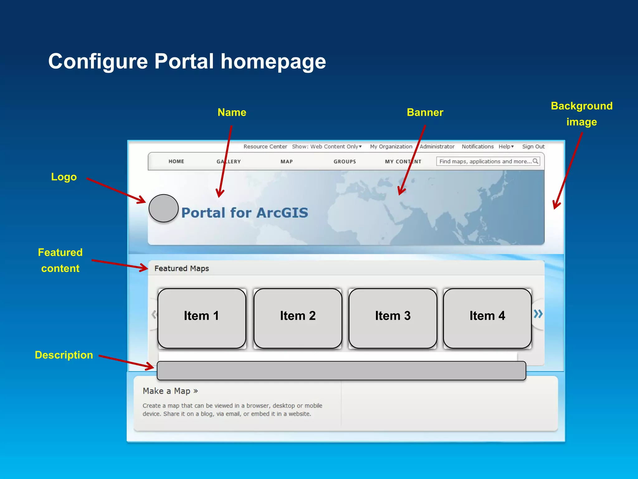 Configure Portal homepage
Name

Background
image

Banner

Logo

Featured
content

Item 1
Description

Item 2

Item 3

Item 4

 