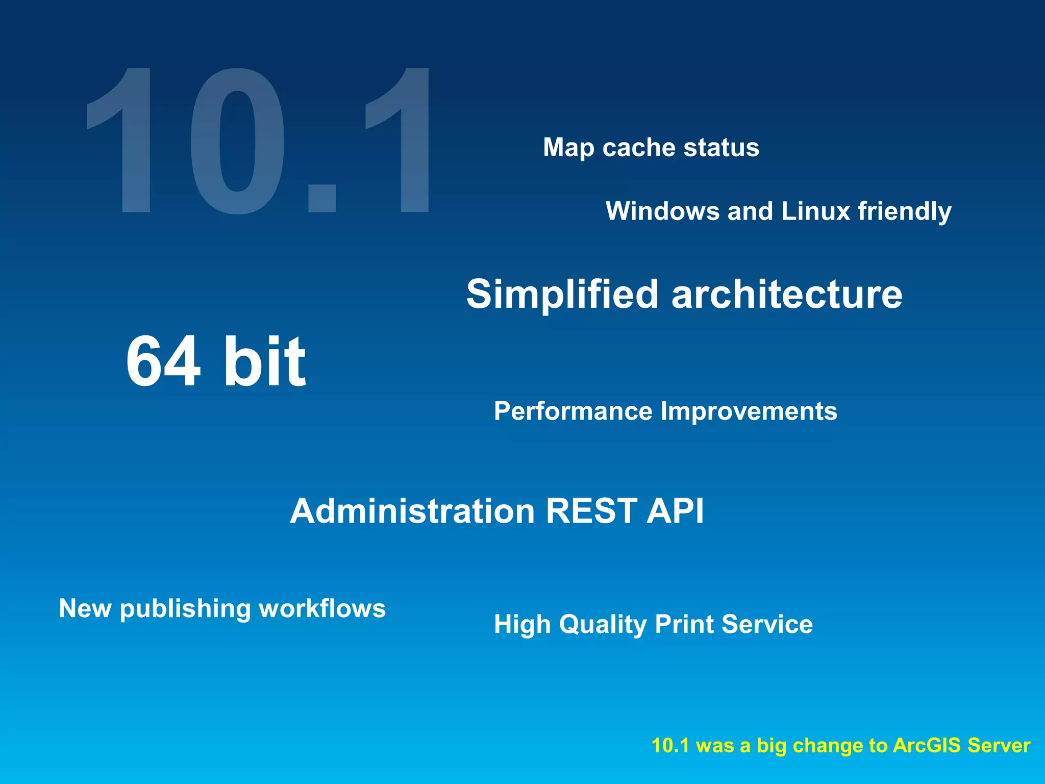 Map cache status
Windows and Linux friendly

Simplified architecture

64 bit
Performance Improvements

Administration REST API
New publishing workflows

High Quality Print Service

10.1 was a big change to ArcGIS Server

 