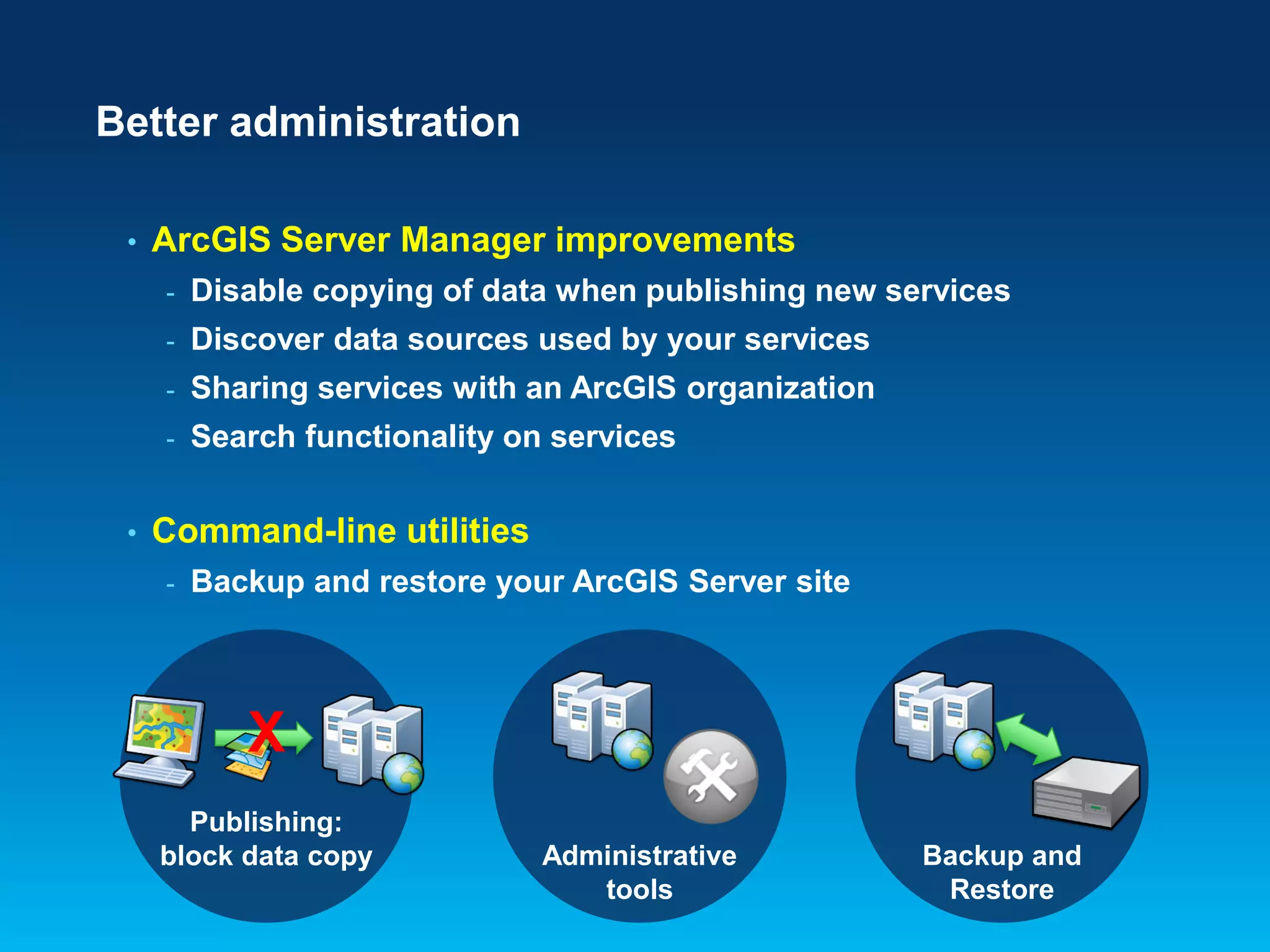 Better administration
•

ArcGIS Server Manager improvements
-

Discover data sources used by your services

-

Sharing services with an ArcGIS organization

-

•

Disable copying of data when publishing new services

Search functionality on services

Command-line utilities
-

Backup and restore your ArcGIS Server site

X
Publishing:
block data copy

Administrative
tools

Backup and
Restore

 