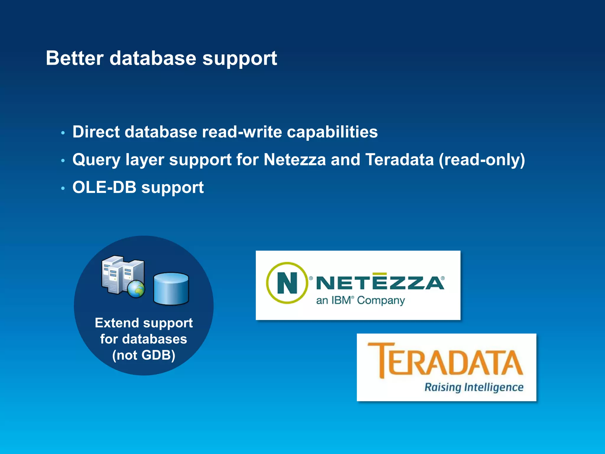 Better database support

•

Direct database read-write capabilities

•

Query layer support for Netezza and Teradata (read-only)

•

OLE-DB support

Extend support
for databases
(not GDB)

 