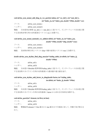 10
void advlas_sym_nzmat_add_diag_to_vec_part(int ndata, int* vec_dof_t, int* mat_dof_t,
int* Index_ia, int* Index_jcn, double* SMat, double* vec)
ソース: advlas_sym_nzmat.c
ヘッダー: advlas_sym_nzmat.h
機能: 自由度対応情報 vec_dof_t と mat_dof_t に基づいて，インターフェース自由度に関
する実対称非零行列の対角要素をベクトル vec に加算する．
void advlas_sym_nzmat_matmult_vec_add(int nDofs, int* Index_ia, int* Index_jcn,
double* SMat, double* disp, double* reac)
ソース: advlas_sym_nzmat.c
ヘッダー: advlas_sym_nzmat.h
機能: 実対称非零行列とベクトル disp の積の結果をベクトル reac に加算する．
double advlas_sym_skyline_find_diag_max(int* bcdisp_table, int nDofs, int* Index_ij,
double* SMat)
ソース: advlas_util.c
ヘッダー: advlas_util.h
機能: 自由度の Dirichlet 境界情報 bcdisp_table に基づいて，インターフェース自由度に関
する実対称スカイライン行列の対角要素から絶対値の最大値を返す．
void advlas_sym_skyline_add_factor_to_diag(double factor, int* bcdisp_table,
int nDofs, int* Index_ij, double* SMat)
ソース: advlas_util.c
ヘッダー: advlas_util.h
機能: 自由度の Dirichlet 境界情報 bcdisp_table に基づいて，インターフェース自由度に関
する実対称スカイライン行列の対角要素に factor から求める付加項を加算する．
void advlas_qsort(int* element, int first, int last)
ソース: advlas_util.c
ヘッダー: advlas_util.h
機能: 整数配列 element の first 番目から last 番目までの要素に対して，昇順で並び替えを
行う．
 