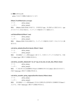 5
3. 関数リファレンス
advlas では以下の関数が定義されています．
DMatrix NewDMatrix(int n, int type)
ソース: advlas_matop.c
ヘッダー: advlas_matop.h
機能: DMatrix 変数を新規に作成する．行列形式が type，次元数が n に設定される．type
がスカイライン形式の場合は，インデックス用配列のメモリ確保も行う．
void DeleteDMatrix(DMatrix* mat)
ソース: advlas_matop.c
ヘッダー: advlas_matop.h
機能: DMatrix 変数の内容を削除する．インデックス用配列と行列データはメモリから解
放される．
void advlas_mkindex(DomMesh dmesh, DMatrix* dmat)
ソース: advlas_matop.c
ヘッダー: advlas_matop.h
機能: 部分領域メッシュ情報 dmesh に基づいて，行列のインデックスを作成する．内部
では dmat->type に整合する関数が呼ばれる．
void advlas_assemble_elmk(double* ek, int* nop, int nd_elm, int node_dim, DMatrix dmat)
ソース: advlas_matop.c
ヘッダー: advlas_matop.h
機能: 下三角行列である要素剛性行列ekを全体剛性行列であるdmatに重ね合わせを行う．
内部で dmat.type に整合する関数が呼ばれる．
void advlas_assemble_spring_support(DomMesh dmesh, DMatrix dmat)
ソース: advlas_matop.c
ヘッダー: advlas_matop.h
機能: 部分領域メッシュ情報 dmesh に含まれる弾性ばね支持条件を全体剛性行列 dmat に
入力する．内部で dmat.type に整合する関数が呼ばれる．
 