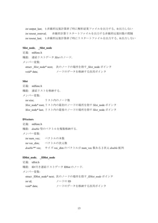 13
int output_last; 1:非線形反復計算終了時に解析結果ファイルを出力する，0:出力しない
int resout_interval; 非線形計算リスタートファイルを出力する非線形反復回数の間隔
int resout_last; 1:非線形反復計算終了時にリスタートファイルを出力する，0:出力しない
Slist_node, _Slist_node
定義: stdfunc.h
機能: 連結リストデータ Slist のノード．
メンバー変数:
struct _Slist_node* next; 次のノードの場所を指す_Slist_node ポインタ
void* data; ノードのデータを格納する汎用ポインタ
Slist
定義: stdfunc.h
機能: 連結リストを格納する．
メンバー変数:
int size; リスト内のノード数
Slist_node* root; リスト内の最初のノードの場所を指す Slist_node ポインタ
Slist_node* last; リスト内の最後のノードの場所を指す Slist_node ポインタ
DVectors
定義: stdfunc.h
機能: double 型のベクトルを複数格納する．
メンバー変数:
int num_vec; ベクトルの本数
int vec_dim; ベクトルの次元数
double** vec; サイズ vec_dim のベクトルが num_vec 数ある 2 次元 double 配列
IDlist_node, _IDlist_node
定義: idlist.h
機能: ID 付き連結リストデータ IDlist のノード．
メンバー変数:
struct _IDlist_node* next; 次のノードの場所を指す_IDlist_node ポインタ
int id; ノードの ID
void* data; ノードのデータを格納する汎用ポインタ
 