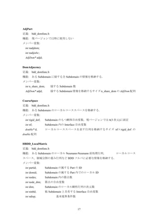 17
AdjPart
定義: bdd_domfunc.h
機能: 現バージョンでは特に使用しない
メンバー変数:
int nadjdom;
int nadjinbc;
AdjDom* adjd;
DomAdjacency
定義: bdd_domfunc.h
機能: ある Subdomain に接する全 Subdomain の情報を格納する．
メンバー変数:
int n_share_dom; 接する Subdomain 数
AdjDom* adjd; 接する Subdomain 情報を格納するサイズ n_share_dom の AdjDom 配列
CoarseSpace
定義: bdd_domfunc.h
機能: ある Subdomain のローカルコーススペースを格納する．
メンバー変数:
int rigid_dof; Subdomain のもつ剛体自由度数，現バージョンでは 6(3 次元)に固定
int nf; Subdomain 内の Interface 自由度数
double* d; ローカルコーススペースを表す行列を格納するサイズ nf×rigid_dof の
double 配列
HBDD_LocalMatrix
定義: bdd_domfunc.h
機能: ある Subdomain のローカル Neumann-Neumann 前処理行列， ローカルコース
スペース，領域分割の重み行列など BDD ソルバに必要な情報を格納する．
メンバー変数:
int partid; Subdomain の属する Part の ID
int domid; Subdomain の属する Part 内でのローカル ID
int nodes; Subdomain 内の節点数
int node_dim; 節点の自由度数
int dim; Subdomain のローカル剛性行列の次元数
int ninbd; 他 Subdomain と共有する Interface 自由度数
int ndisp; 基本境界条件数
 