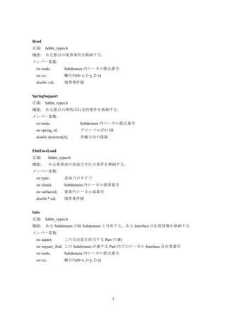 3
Bcnd
定義: hddm_types.h
機能: ある節点の境界条件を格納する．
メンバー変数:
int node; Subdomain 内ローカル節点番号
int co; 軸方向(0=x, 1=y, 2=z)
double val; 境界条件値
SpringSupport
定義: hddm_types.h
機能: ある節点の弾性ばね支持条件を格納する．
メンバー変数:
int node; Subdomain 内ローカル節点番号
int spring_id; グローバルばね ID
double direction[3]; 各軸方向の係数
ElmFaceLoad
定義: hddm_types.h
機能: ある要素面の表面力や圧力条件を格納する．
メンバー変数:
int type; 表面力のタイプ
int elmid; Subdomain 内ローカル要素番号
int surfaceid; 要素内ローカル面番号
double* val; 境界条件値
Inbc
定義: hddm_types.h
機能: ある Subdomain が他 Subdomain と共有する，ある Interface 自由度情報を格納する．
メンバー変数:
int aspart; この自由度を担当する Part の ID
int mypart_ibid; この Subdomain が属する Part 内でのローカル Interface 自由度番号
int node; Subdomain 内ローカル節点番号
int co; 軸方向(0=x, 1=y, 2=z)
 