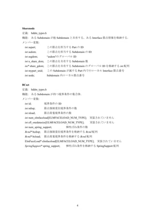 4
Sharenode
定義: hddm_types.h
機能: ある Subdomain が他 Subdomain と共有する，ある Interface 節点情報を格納する．
メンバー変数:
int aspart; この節点を担当する Part の ID
int asdom; この節点を担当する Subdomain の ID
int asgdom; “asdom"のグローバル ID
int n_share_dom; この節点を共有する Subdomain 数
int* share_gdom; この節点を共有する Subdomain のグローバル ID を格納する int 配列
int mypart_snid; この Subdomain が属する Part 内でのローカル Interface 節点番号
int node; Subdomain 内ローカル節点番号
BCset
定義: hddm_types.h
機能: ある Subdomain が持つ境界条件の集合体．
メンバー変数:
int id; 境界条件の ID
int ndisp; 節点強制変位境界条件の数
int nload; 節点荷重境界条件の数
int num_elmfaceload[ELMFACELOAD_NUM_TYPE]; 実装されていません
int efl_onedatasize[ELMFACELOAD_NUM_TYPE]; 実装されていません
int num_spring_support; 弾性ばね条件の数
Bcnd* bcdisp; 節点強制変位境界条件を格納する Bcnd 配列
Bcnd* bcload; 節点荷重境界条件を格納する Bcnd 配列
ElmFaceLoad* elmfaceload[ELMFACELOAD_NUM_TYPE]; 実装されていません
SpringSupport* spring_support; 弾性ばね条件を格納する SpringSupport 配列
 