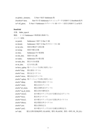 7
int global_t_domains; 全 Part の総計 Subdomain 数
DomMesh* dom; Part 内の各 Subdomain のメッシュデータを格納する DomMesh 配列
int* off_gdom; 各 Part の Subdomain のグローバル ID スタート番号を格納する int 配列
DomField
定義: hddm_types.h
機能: 1 つの Subdomain の物理量を格納する．
メンバー変数:
int partid; Subdomain の属する Part の ID
int domid; Subdomain の属する Part 内でのローカル ID
int nd_elm; 要素を構成する節点数
int ninteg; 要素の積分点数
int elms; Subdomain 内の要素数
int elm_dim; 要素の次元数
int nodes; Subdomain 内の節点数
int node_dim; 節点の自由度数
int str_dim; 応力の次元数
int have_cgdisp; 現バージョンでは特に使用しない
double* disp; 節点変位ベクトル
double* reac; 節点反力ベクトル
double* stress; 積分点応力テンソル
double* cgdisp; 現バージョンでは特に使用しない
double* ddisp; 増分型節点変位ベクトル
double* strain; 積分点歪みテンソル
double* pl_strain; 積分点塑性歪みテンソル
double* eq_pl_strain; 積分点相当塑性歪み
double* stress2; 前の増分ステップにおける積分点応力テンソル
double* force; 節点外力ベクトル
double* force2; 前の増分ステップにおける節点外力ベクトル
double* dforce; 増分型節点外力ベクトル
double* ystr; 積分点降伏応力
double* ystr2; 前の増分ステップにおける積分点降伏応力
int* elpl; 積分点降伏領域(弾性: ELASTIC, 塑性: PLASTIC, 塑性→弾性: PL_TO_EL)
 