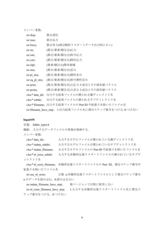 9
メンバー変数:
int disp; 節点変位
int reac; 節点反力
int force; 節点外力(増分解析リスタートデータ出力時にオン)
int str; (節点/要素/積分点)応力
int estr; (節点/要素/積分点)相当応力
int ystr; (節点/要素/積分点)降伏応力
int elpl; (要素/積分点)降伏領域
int stra; (節点/要素/積分点)歪み
int pl_stra; (節点/要素/積分点)塑性歪み
int eq_pl_stra; (節点/要素/積分点)相当塑性歪み
int prstr; (節点/要素/積分点)主応力 3 成分とその固有値ベクトル
int prstra; (節点/要素/積分点)主歪み 3 成分とその固有値ベクトル
char* data_dir; 出力する結果ファイルの置かれる親ディレクトリ名
char* subdir; 出力する結果ファイルの置かれるサブディレクトリ名
char* filename; 出力する結果ファイルの Part ID や拡張子を除いたファイル名
int filename_have_step; 1:出力結果ファイル名に増分ステップ番号をつける, 0:つけない
InputSW
定義: hddm_types.h
機能: 入力するデータファイルの情報を格納する．
メンバー変数:
char* data_dir; 入力するモデルファイルが置かれている親ディレクトリ名
char* indata_subdir; 入力するモデルファイルが置かれているサブディレクトリ名
char* indata_filename; 入力するモデルファイルの Part ID や拡張子を除いたファイル名
char* nl_resin_subdir; 入力する非線形反復リスタートファイルの置かれているサブデ
ィレクトリ名
char* nl_resin_filename; 非線形反復リスタートファイルの Part ID，増分ステップ番号や
拡張子を除いたファイル名
int use_nl_resin; 正数 n:非線形反復リスタートファイルとして増分ステップ番号
n のデータを読み込む，0:読み込まない
int indata_filename_have_step; 現バージョンでは特に使用しない
int nl_resin_filename_have_step; 1:入力する非線形反復リスタートファイル名に増分ス
テップ番号をつける，0:つけない
 
