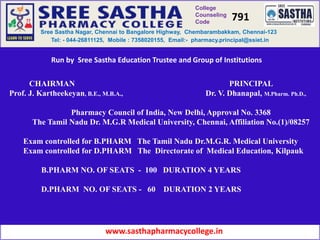 College
Counseling
Code
Tel: - 044-26811125, Mobile : 7358020155, Email:- pharmacy.principal@ssiet.in
Sree Sastha Nagar, Chennai to Bangalore Highway, Chembarambakkam, Chennai-123
Fr www.sasthapharmacycollege.in
CHAIRMAN PRINCIPAL
Prof. J. Kartheekeyan, B.E., M.B.A., Dr. V. Dhanapal, M.Pharm. Ph.D.,
Pharmacy Council of India, New Delhi, Approval No. 3368
The Tamil Nadu Dr. M.G.R Medical University, Chennai, Affiliation No.(1)/08257
Exam controlled for B.PHARM The Tamil Nadu Dr.M.G.R. Medical University
Exam controlled for D.PHARM The Directorate of Medical Education, Kilpauk
B.PHARM NO. OF SEATS - 100 DURATION 4 YEARS
D.PHARM NO. OF SEATS - 60 DURATION 2 YEARS
791
Run by Sree Sastha Education Trustee and Group of Institutions
 