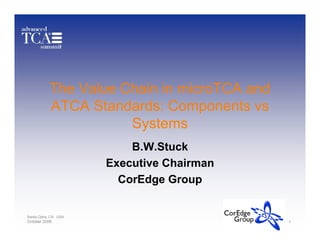 The Value Chain in microTCA and
           ATCA Standards: Components vs
                      Systems
                          B.W.Stuck
                      Executive Chairman
                        CorEdge Group


Santa Clara, CA USA
October 2008                                 1
 