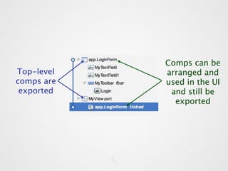 Comps can be
Top-level   arranged and
comps are   used in the UI
 exported    and still be
              exported
 