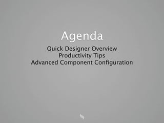 Agenda
     Quick Designer Overview
         Productivity Tips
Advanced Component Conﬁguration
 
