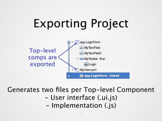 Exporting Project

     Top-level
     comps are
      exported



Generates two ﬁles per Top-level Component
           - User interface (.ui.js)
           - Implementation (.js)
 