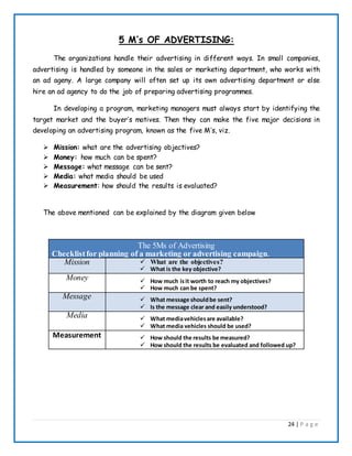 24 | P a g e
5 M’s OF ADVERTISING:
The organizations handle their advertising in different ways. In small companies,
advertising is handled by someone in the sales or marketing department, who works with
an ad ageny. A large company will often set up its own advertising department or else
hire an ad agency to do the job of preparing advertising programmes.
In developing a program, marketing managers must always start by identifying the
target market and the buyer’s motives. Then they can make the five major decisions in
developing an advertising program, known as the five M’s, viz.
 Mission: what are the advertising objectives?
 Money: how much can be spent?
 Message: what message can be sent?
 Media: what media should be used
 Measurement: how should the results is evaluated?
The above mentioned can be explained by the diagram given below
The 5Ms of Advertising
Checklistfor planning of a marketing or advertising campaign.
Mission  What are the objectives?
 What is the key objective?
Money  How much isit worth to reach my objectives?
 How much can be spent?
Message  What message shouldbe sent?
 Is the message clear and easily understood?
Media  What mediavehiclesare available?
 What media vehicles should be used?
Measurement  How should the results be measured?
 How should the results be evaluated and followed up?
 