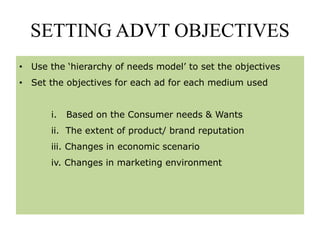 SETTING ADVT OBJECTIVES
• Use the ‘hierarchy of needs model’ to set the objectives
• Set the objectives for each ad for each medium used
i. Based on the Consumer needs & Wants
ii. The extent of product/ brand reputation
iii. Changes in economic scenario
iv. Changes in marketing environment
 