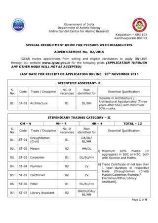 Page 1 of 6
Government of India
Department of Atomic Energy
Indira Gandhi Centre for Atomic Research
Kalpakkam – 603 102
Kancheepuram District
SPECIAL RECRUITMENT DRIVE FOR PERSONS WITH DISABILITIES
ADVERTISEMENT No. 02/2015
IGCAR invites applications from willing and eligible candidates to apply ON-LINE
through our website www.igcar.gov.in for the following posts (APPLICATION THROUGH
ANY OTHER MODE WILL NOT BE ACCEPTED)
LAST DATE FOR RECEIPT OF APPLICATION ONLINE: 20th
NOVEMBER 2015
SCIENTIFIC ASSISTANT- B
S.
No.
Code Trade / Discipline
No. of
vacancies
Post
identified for
Essential Qualification
01. SA-01 Architecture 01 OL/HH
Diploma in Architecture /
Architectural Assistantship (Three
years after SSC) with minimum
60% marks.
STIPENDIARY TRAINEE CATEGORY – II
OH – 4 VH – 4 HH – 4 TOTAL – 12
S.
No.
Code Trade / Discipline
No. of
vacancies
Post
identified for
Essential Qualification
01. ST-01
Draughtsman
(Civil)
01
OA/OL/
BL/HH
i) Minimum 60% marks (in
aggregate) in SSC or HSC, both
with Science and Maths.
ii) Trade Certificate of not less than
1 year duration in respective
trade (Draughtsman (Civil)/
Mason/Carpenter/Plumber/
Electrician/Fitter/Library
Assistant).
02. ST-02 Mason 02 HH/OL
03. ST-03 Carpenter 01 OL/BL/HH
04. ST-04 Plumber 02 LV
05. ST-05 Electrician 02 LV
06. ST-06 Fitter 01 OL/BL/HH
07. ST-07 Library Assistant 02
OA/OL/OAL/
BL/HH
 