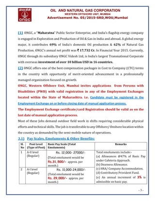 - 3 -
(1) ONGC, a “Maharatna” Public Sector Enterprise, and India’s flagship energy company
is engaged in Exploration and Production of Oil & Gas in India and abroad. A global energy
major, it contributes 69% of India’s domestic Oil production & 62% of Natural Gas
Production. ONGC’s annual net profit was ` 17,732 Cr. In Financial Year 2015. Currently,
ONGC through its subsidiary ONGC Videsh Ltd, is India’s largest Transnational Corporate
with overseas investment of over 10 billion USD in 16 countries.
(2) ONGC offers one of the best compensation packages in Cost to Company (CTC) terms
in the country with opportunity of merit-oriented advancement in a professionally
managed organization focused on growth.
ONGC, Western Offshore Unit, Mumbai invites applications from Persons with
Disabilities (PWD) with valid registration in any of the Employment Exchanges
located within the State of Maharashtra. i.e. Candidate must be registered in the
Employment Exchange on or before closing date of manual application process.
The Employment Exchange certificate/card Registration should be valid as on the
last date of manual application process.
Most of these Jobs demand outdoor field work in shifts requiring considerable physical
efforts and technical skills. The job is transferable to any Offshore/ Onshore location within
the country as demanded by the semi-mobile nature of operations.
3.1) Pay Scales, Emoluments & Other Benefits:
Sl.
No
Post Level
(Type of Post)
Basic Pay Scale (Total
Emoluments)
Remarks
1 A-II level
(Regular)
Rs. 12,000- 27000/-
(Total emolument would be
Rs.31,500/- approx. per
month.)
Total emoluments include:-
(a) Allowances @47% of Basic Pay
under Cafeteria Approach.
(b) Dearness Allowance.
(c) HRA/ Company Accommodation.
(d) Contributory Provident Fund.
(e) An annual increment of 3% is
admissible on basic pay.
2 A-I level
(Regular)
Rs. 11,000-24,000/-
(Total emolument would be
Rs. 29,000/- approx. per
month.)
OIL AND NATURAL GAS CORPORATION
WESTERN OFFSHORE UNIT, MUMBAI
Advertisement No. 05/2015-SRD,WOU,Mumbai
 