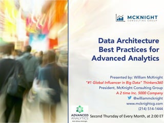 Data Architecture
Best Practices for
Advanced Analytics
Presented by: William McKnight
“#1 Global Influencer in Big Data” Thinkers360
President, McKnight Consulting Group
A 2 time Inc. 5000 Company
@williammcknight
www.mcknightcg.com
(214) 514-1444
Second Thursday of Every Month, at 2:00 ET
With William McKnight
 
