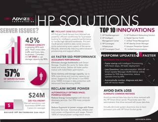 HP SOLUTIONS
Server Issues?      Top 10                           Get: ProLiant Gen8 Solutions
                                                     HP ProLiant Gen8 Servers from AdvizeX are          1. HP FlexManagement        5. HP FlexBranch Networking Solution
                                                     powerful, efficient workhorses for businesses
                                                                                                        2. HP Intelligent           6. Digital Vaccine Toolkit
                                                     looking for intelligent, powerful performance
                                                     to handle high demand workloads. ProLiant            Management Center         7. Unified Threat Management
                                                     Gen8 servers redefine data center econom-          3. HP Converged             8. HP Identity Driven Manager
                          Storage capacity
                          is growing 45% each        ics by automating every aspect of the server         Infrastructure            9. Intrusion Prevention System
                          year. That’s more data     lifecycle, dramatically reducing administrators’   4. HP Converged Cloud       10. Unified Communications


                                                                                                                                                   3X
                          traffic and more data      provisioning and support efforts.
                          to protect. Consider:
                          >> HP 3PAR to cut
                          storage capacity by 90%.   Accelerate performance                                 Automate the lifecycle
                                                     Eliminate storage bottlenecks with Smart               - Faster startup with Intelligent Provisioning. 	
                                                     Storage. Double the cache for faster data                45% fewer steps, 3X faster deployment




57%
                                                     reads and writes. Deliver 6X faster perfor-
                                                     mance with Solid-State optimization.                   - Less Downtime. Less administration. With HP 	
                                                                                                              Smart Update Manager (SUM) Deliver online 	
                                                     Grow memory and storage capacity. Up to                  updates for 93% less downtime, reduce
                                                     50% more drives and memory capacity per                  operator time by 69%
of server outages                                    server. Support for 227 drives in one RAID
                                                     array 1000X increase in data protection with           - Automatically monitor, diagnose and alert
are tied to human error
                                                     Advanced Data Mirroring (ADM).                           with HP Active Health.




                                                     automatically optimize space,
                                                                                                            Eliminate common mistakes
                                                     power & cooling
                                                     Reduce Energy Consumption with thermal                 Avoid accidental data loss due to drive removal with
                          DID YOU KNOW?              discovery services. Get 70% more compute               the HP Smart Drive carrier. Proactively warn the
                                                     per watt.                                              administrator that drive removal will cause data loss.
                      Manual operations cost
    $                  businesses $24M over
                         3 years (on average)        Reduce Exposure to power outage with Power             Virtually eliminate system downtime due to bent
                                                     Discovery Services. Automatically validate and         processor pins with HP Smart Socket guide.
AdvizeX HP Networking can help                       track power configurations and usage. Prevent
                                                     100% of manual power configuration errors.

                                                                                                                                                  advizex.com
 