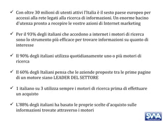 Con oltre 30 milioni di utenti attivi l’Italia è il sesto paese europeo per accessi alla rete legati alla ricerca di informazioni. Un enorme bacino d'utenza pronto a recepire le vostre azioni di Internet marketing Per il 93% degli italiani che accedono a internet i motori di ricerca sono lo strumento più efficace per trovare informazioni su quanto di interesse Il 90% degli italiani utilizza quotidianamente uno o più motori di ricerca Il 60% degli Italiani pensa che le aziende proposte tra le prime pagine di un motore siano LEADER DEL SETTORE 1 italiano su 3 utilizza sempre i motori di ricerca prima di effettuare un acquisto L'88% degli italiani ha basato le proprie scelte d'acquisto sulle informazioni trovate attraverso i motori 