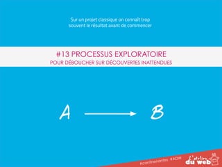 Sur un projet classique on connaît trop 
souvent le résultat avant de commencer 
#13 PROCESSUS EXPLORATOIRE 
POUR DÉBOUCHER SUR DÉCOUVERTES INATTENDUES 
A B 
#cantinenantes #ADW 
 