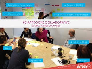 S p é c i a l i s t e d u m o d u l a i re 
La Care n e / SAMOA 
Arc h i t e c t e n ava l Architecte bâtiment b i o c l i m a t i q u e 
Architecte DPLG 
#cantinenantes #ADW 
Logist icien 
Lean 
Énerg i e s 
#5 APPROCHE COLLABORATIVE 
ÉQUIPES PLURIDISCIPLINAIRES 
 