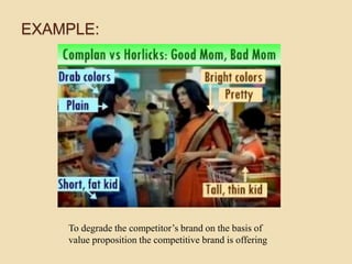 EXAMPLE:
To degrade the competitor’s brand on the basis of
value proposition the competitive brand is offering
 