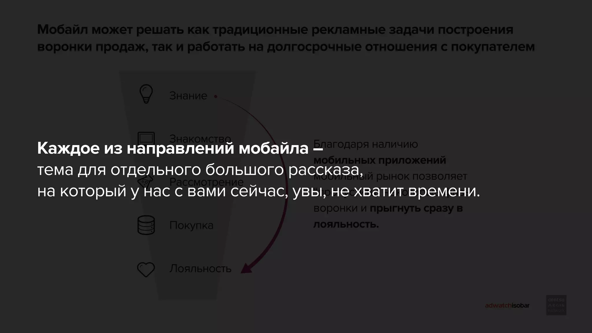 Мобайл может решать как традиционные рекламные задачи построения
воронки продаж, так и работать на долгосрочные отношения с покупателем
Знание
Знакомство
Рассмотрение
Покупка
Лояльность
Благодаря наличию
мобильных приложений
мобильный рынок позволяет
“пропустить” некоторые фазы
воронки и прыгнуть сразу в
лояльность.
Каждое из направлений мобайла –
тема для отдельного большого рассказа,
на который у нас с вами сейчас, увы, не хватит времени.
 