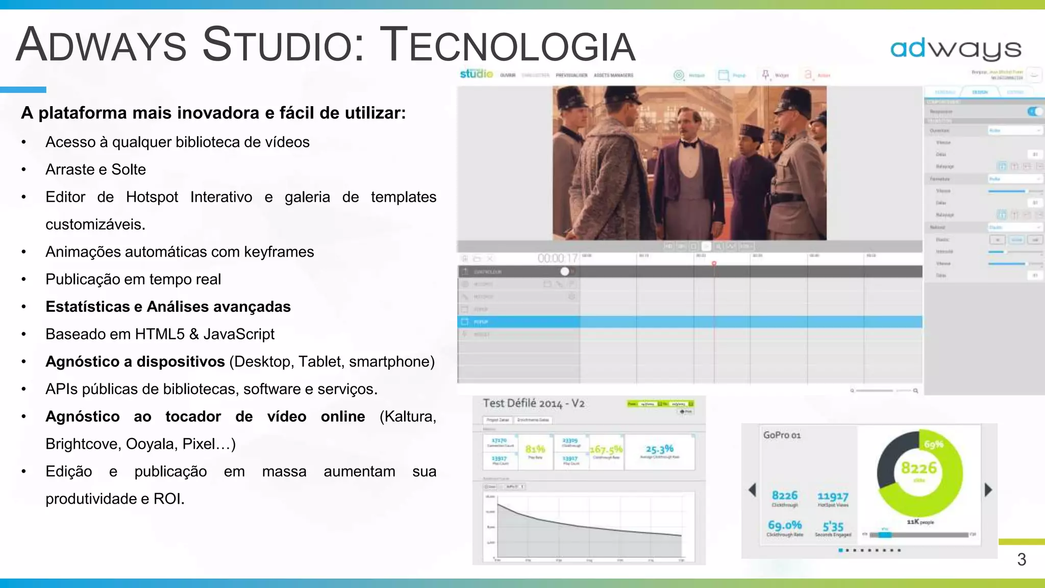 3
ADWAYS STUDIO: TECNOLOGIA
A plataforma mais inovadora e fácil de utilizar:
• Acesso à qualquer biblioteca de vídeos
• Arraste e Solte
• Editor de Hotspot Interativo e galeria de templates
customizáveis.
• Animações automáticas com keyframes
• Publicação em tempo real
• Estatísticas e Análises avançadas
• Baseado em HTML5 & JavaScript
• Agnóstico a dispositivos (Desktop, Tablet, smartphone)
• APIs públicas de bibliotecas, software e serviços.
• Agnóstico ao tocador de vídeo online (Kaltura,
Brightcove, Ooyala, Pixel…)
• Edição e publicação em massa aumentam sua
produtividade e ROI.
 
