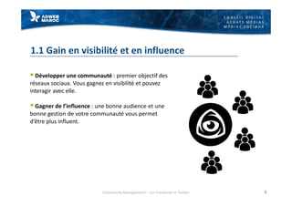 C O N S E I L D I G I T A L
A C H A T S M É D I A S
M É D I A S S O C I A U X
1.1 Gain en visibilité et en influence
§ Développer une communauté : premier objectif des
réseaux sociaux. Vous gagnez en visibilité et pouvez
interagir avec elle.
§ Gagner de l’influence : une bonne audience et une
bonne gestion de votre communauté vous permet
d’être plus influent.
Community Management – Sur Facebook et Twitter 5
 