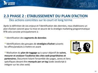C O N S E I L D I G I T A L
A C H A T S M É D I A S
M É D I A S S O C I A U X
2.3 PHASE 2 : ETABLISSEMENT DU PLAN D’ACTION
Des actions concrètes sur le court et long terme
Après la définition de vos enjeux et l’identification des données, nous établissons un
plan d’action concret pour la mise en œuvre de la stratégie marketing programmatique
RTB cela consiste principalement à :
 Identification des segments de données
 Identifications des groupes de stratégies d’achat suivants
les offres/produits à mettre en avant
 Réalisation du plan de taggage qui a pour objectif de suivre,
mesurer et analyser l’audience des sites web propriétaires et
partenaires. Document listant l’ensemble des pages, zones et liens
spécifiques devant être marqués par un tag (code JavaScript à
intégrer sur les sites web)
14
 