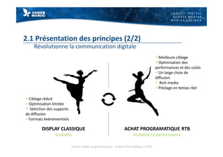 C O N S E I L D I G I T A L
A C H A T S M É D I A S
M É D I A S S O C I A U X
2.1 Présentation des principes (2/2)
Révolutionne la communication digitale
üCiblage réduit
üOptimisation limitée
ü Sélection des supports
de diffusion
üFormats événementiels
üMeilleure ciblage
üOptimisation des
performances et des coûts
üUn large choix de
diffusion
ü Rich media
üPilotage en temps réel
DISPLAY CLASSIQUE
Visibilité
ACHAT PROGRAMATIQUE RTB
Visibilité et performance
Achats médias programmatique - le Real Time Bidding ou RTB
 