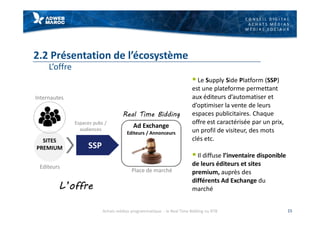 C O N S E I L D I G I T A L
A C H A T S M É D I A S
M É D I A S S O C I A U X
2.2 Présentation de l’écosystème
L’offre
§ Le Supply Side Platform (SSP)
est une plateforme permettant
aux éditeurs d’automatiser et
d’optimiser la vente de leurs
espaces publicitaires. Chaque
offre est caractérisée par un prix,
un profil de visiteur, des mots
clés etc.
§ Il diffuse l’inventaire disponible
de leurs éditeurs et sites
premium, auprès des
différents Ad Exchange du
marché
15
SITES
PREMIUM
Real Time Bidding
Espaces pubs /
audiences
Editeurs
Ad Exchange
Editeurs / Annonceurs
Place de marché
Internautes
SSP
L’offre
Achats médias programmatique - le Real Time Bidding ou RTB
 