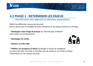 C O N S E I L D I G I T A L
A C H A T S M É D I A S
M É D I A S S O C I A U X
4.2 PHASE 1 : DETERMINER LES ENJEUX
Définir les différentes sources de données.
Etre en phase avec la stratégie de votre entreprise et vos enjeux business ou d’image :
§ Développer votre image de marque sur internet pour améliorer
votre retour sur investissement.
§ Développer les ventes
§ Générer un trafic ciblé
§ Fidéliser vos prospects et clients (prolonger le temps de navigation
sur votre site web, les inciter à consulter plus de contenus, les inciter à relayer
l’information sur les réseaux sociaux).
36
Identification des objectifs et données propriétaire
Achats médias programmatique - le Real Time Bidding ou RTB
 