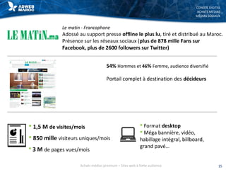 CONSEIL DIGITAL
ACHATS MÉDIAS
MÉDIAS SOCIAUX
Le matin - Francophone
Adossé au support presse offline le plus lu, tiré et distribué au Maroc.
Présence sur les réseaux sociaux (plus de 878 mille Fans sur
Facebook, plus de 2600 followers sur Twitter)
 1,5 M de visites/mois
 850 mille visiteurs uniques/mois
 3 M de pages vues/mois
 Format desktop
 Méga bannière, vidéo,
habillage intégral, billboard,
grand pavé…
54% Hommes et 46% Femme, audience diversifié
Portail complet à destination des décideurs
15Achats médias premium – Sites web à forte audience
 