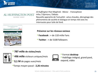 CONSEIL DIGITAL
ACHATS MÉDIAS
MÉDIAS SOCIAUX
Al Huffington Post Maghreb - Maroc - Francophone
Infos / Opinions / Débats
Nouvelle approche de l’actualité : actus chaudes, décryptage des
phénomènes de société et dialogue en temps réel avec les
internautes pour toile de fond.
 787 mille de visites/mois
 496 mille visiteurs uniques/mois
 3,1 M de pages vues/mois
Temps moyen passé : 2,26 minutes
 Format desktop
 Habillage intégral, grand pavé,
expand, vidéo
25Achats médias premium – Sites web à forte audience
Présence sur les réseaux sociaux
 Facebook : + de 110 mille Fans
 Twitter : + de 5100 followers
 
