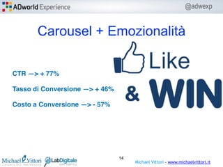 @adwexp
Carousel + Emozionalità
CTR —> + 77% 
Tasso di Conversione —> + 46% 
Costo a Conversione —> - 57%
14
Michael Vitto...