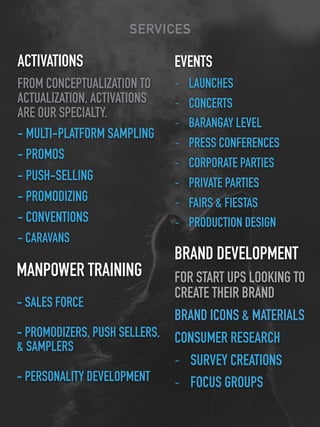 SERVICES
ACTIVATIONS
FROM CONCEPTUALIZATION TO
ACTUALIZATION, ACTIVATIONS
ARE OUR SPECIALTY.
- MULTI-PLATFORM SAMPLING
- PROMOS
- PUSH-SELLING
- PROMODIZING
- CONVENTIONS
- CARAVANS
EVENTS
- LAUNCHES
- CONCERTS
- BARANGAY LEVEL
- PRESS CONFERENCES
- CORPORATE PARTIES
- PRIVATE PARTIES
- FAIRS & FIESTAS
- PRODUCTION DESIGN
MANPOWER TRAINING
- SALES FORCE
- PROMODIZERS, PUSH SELLERS,
& SAMPLERS
- PERSONALITY DEVELOPMENT
BRAND DEVELOPMENT
FOR START UPS LOOKING TO
CREATE THEIR BRAND
BRAND ICONS & MATERIALS
CONSUMER RESEARCH
- SURVEY CREATIONS
- FOCUS GROUPS
 