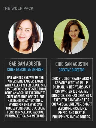 THE WOLF PACK
CHIC SAN AGUSTIN
CREATIVE DIRECTOR
CHIC STUDIED THEATER ARTS &
CREATIVE WRITING IN U.P.
DILIMAN. IN HER YEARS AS A
COPYWRITER & CREATIVE
DIRECTOR, SHE HAS CREATED &
EXECUTED CAMPAIGNS FOR
COCA-COLA, UNILEVER, SMART
TELECOMMUNICATIONS,
PMFTC, AND NESTLÉ
PHILIPPINES AMONG OTHERS.
GAB SAN AGUSTIN
CHIEF EXECUTIVE OFFICER
GAB WORKED HER WAY UP THE
ADVERTISING LADDER. EAGER
WITH A KEEN EYE FOR DETAIL, SHE
HAS TRANFORMED HERSELF FROM
BEING AN ACCOUNT EXECUTIVE TO
CHIEF OPERATING OFFICER. SHE
HAS HANDLED ACTIVATIONS &
EVENTS FOR UNILEVER, SAN
MIGUEL PUREFOODS, STA. LUCIA
CORP., RFM SELECTA, PASCUAL
PHARMACEUTICALS & MEDICARD.
 