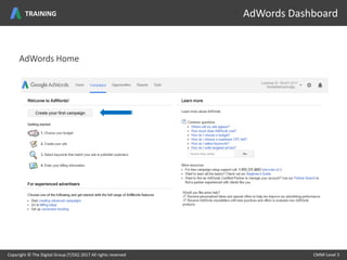 AdWords Home
Setting up Adwords Campaign
Copyright © The Digital Group (T/DG) 2017 All rights reserved CMMI Level 5Copyright © The Digital Group (T/DG) 2017 All rights reserved CMMI Level 5
AdWords DashboardTRAINING
 