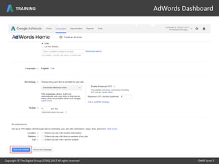AdWords Home
Setting up Adwords Campaign
Copyright © The Digital Group (T/DG) 2017 All rights reserved CMMI Level 5Copyright © The Digital Group (T/DG) 2017 All rights reserved CMMI Level 5
AdWords DashboardTRAINING
 