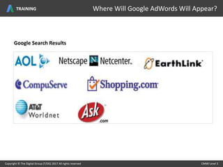 Google Search Results
Copyright © The Digital Group (T/DG) 2017 All rights reserved CMMI Level 5Copyright © The Digital Group (T/DG) 2017 All rights reserved CMMI Level 5
Where Will Google AdWords Will Appear?TRAINING
 